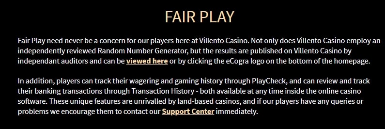 Fair Play Policy at Villento Casino