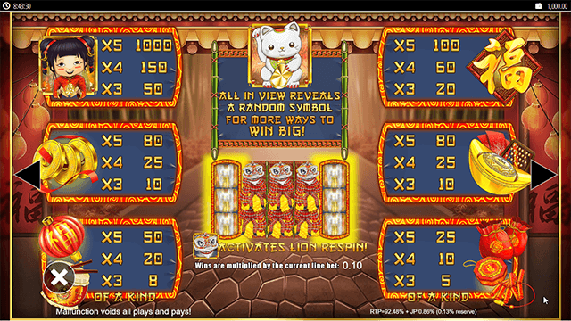 Lion Festival Slot Paytable