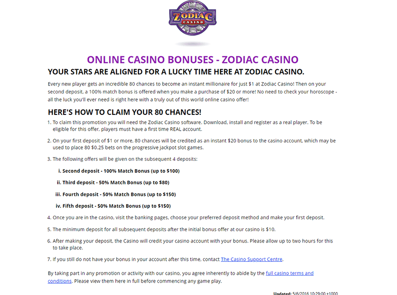 Zodiac Online Casino Welcome Bonuse